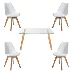 KLIK - Comedor Mesa de Vidrio Nórdica 140x90 cm + 4 Sillas Tulip Blancas KLIK.