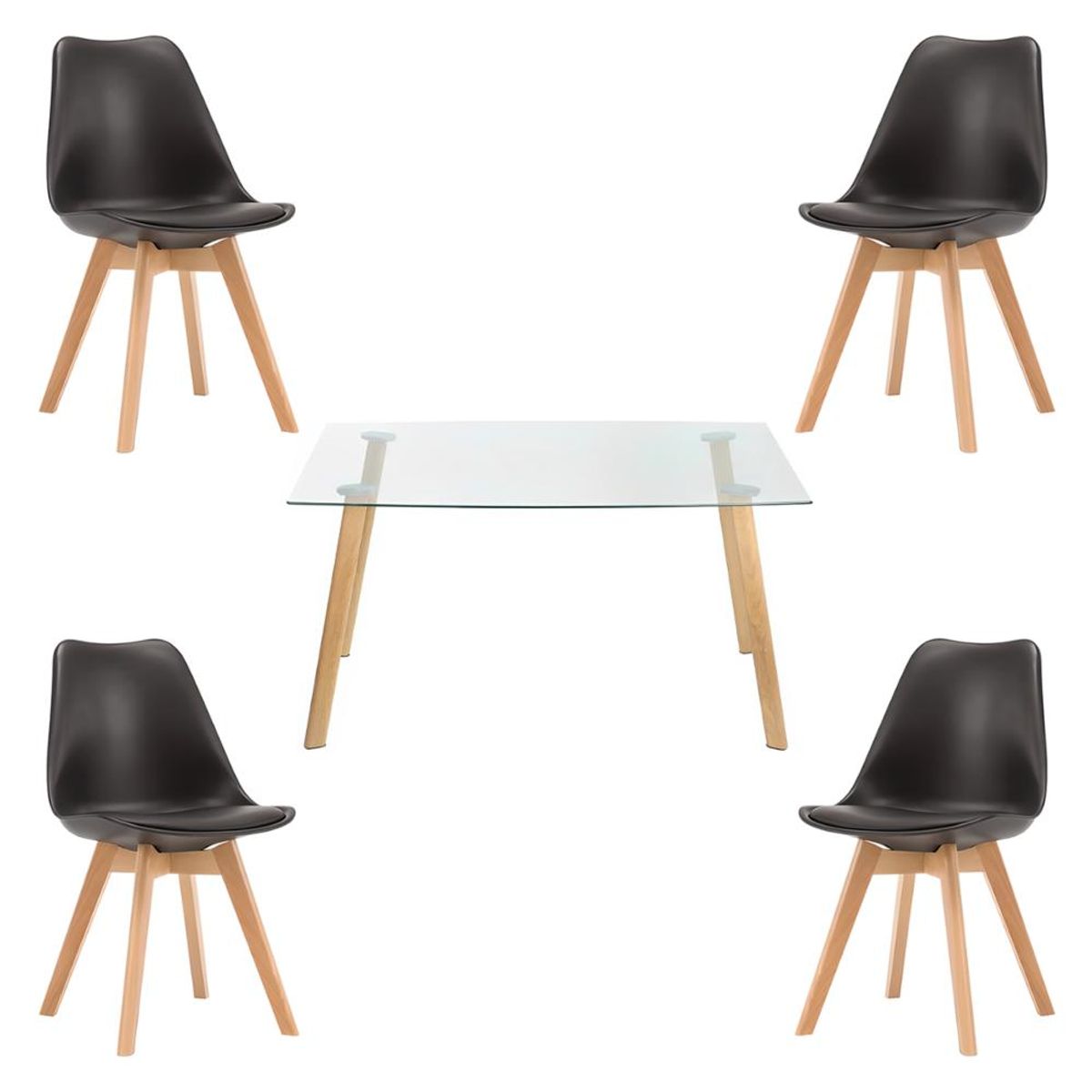 KLIK - Comedor Mesa de Vidrio Nórdica 140x90 cm + 4 Sillas Tulip Negras KLIK