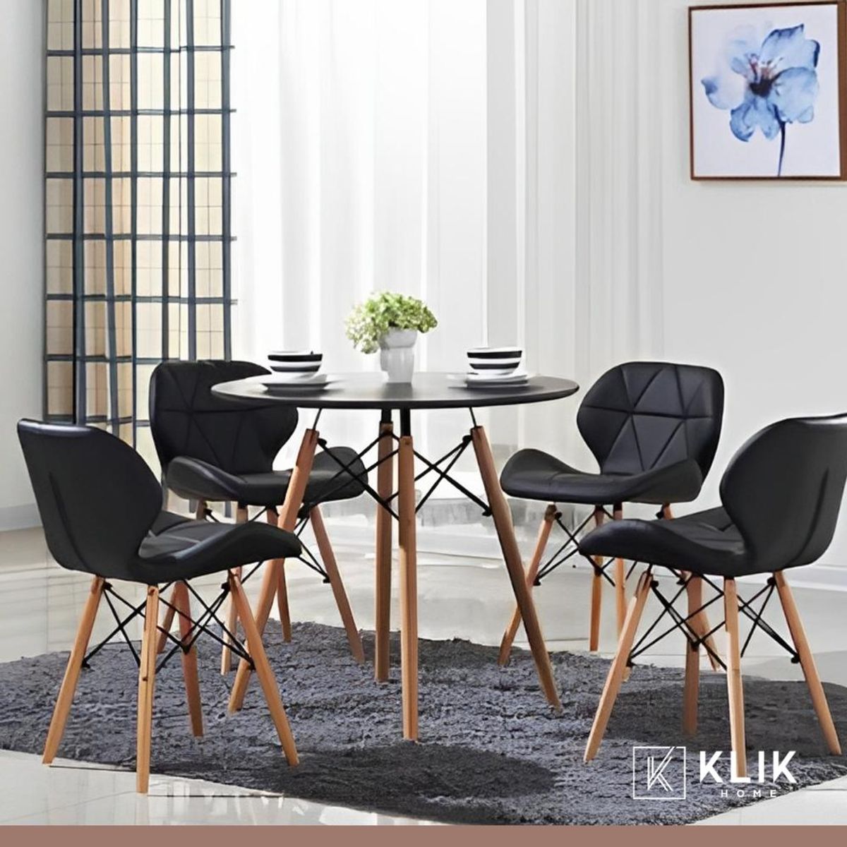 KLIK - Comedor Mesa Redonda Negra 80cm + 4 Sillas Radar Negras KLIK