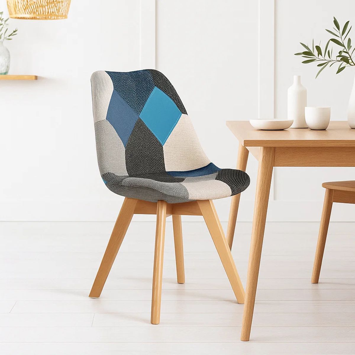 KLIK - Silla Eames Patchwork Acolchada Tela Wood - Celeste