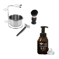 MAXCARE - KIT Barbería Set De Barba Hisopo Navaja Para Afeitar Gel