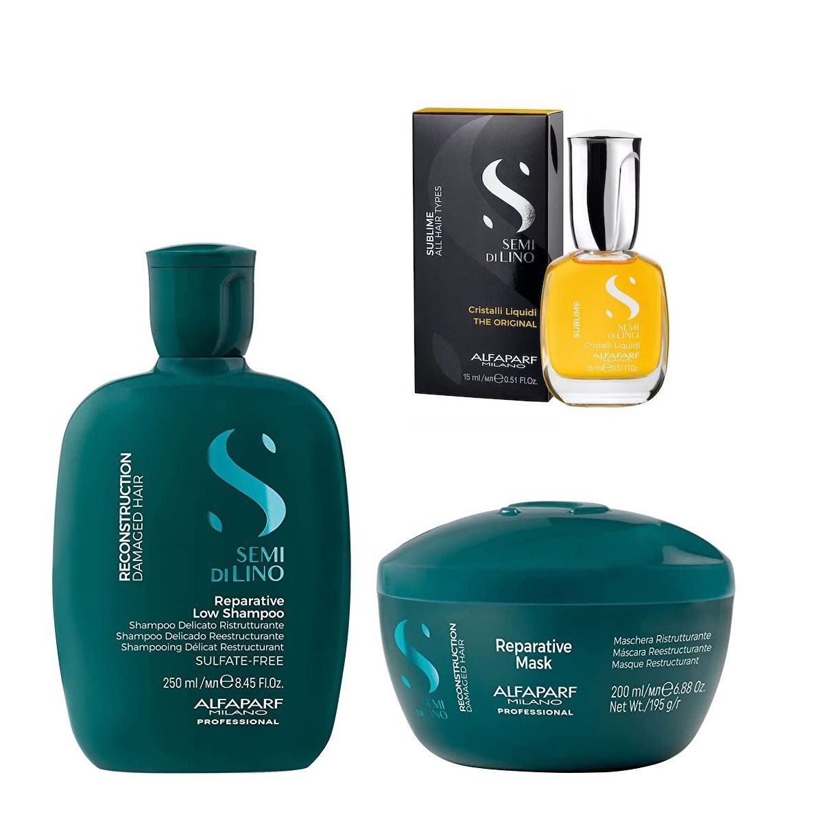 ALFAPARF MILANO - ALFAPARF Kit Shampoo+  Mascarilla Reconstrucción + Cristal líquido.-