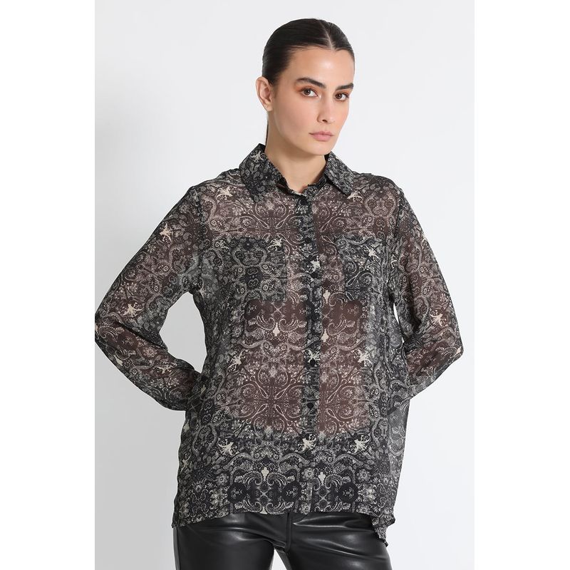 LIOLA - Blusa Camisera Gasa Estampada Negro Liola