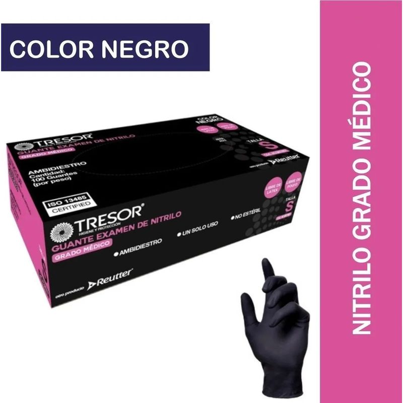 REUTTER - Guante Nitrilo Negro Sin Polvo 100 unidades - Talla M - Tresor