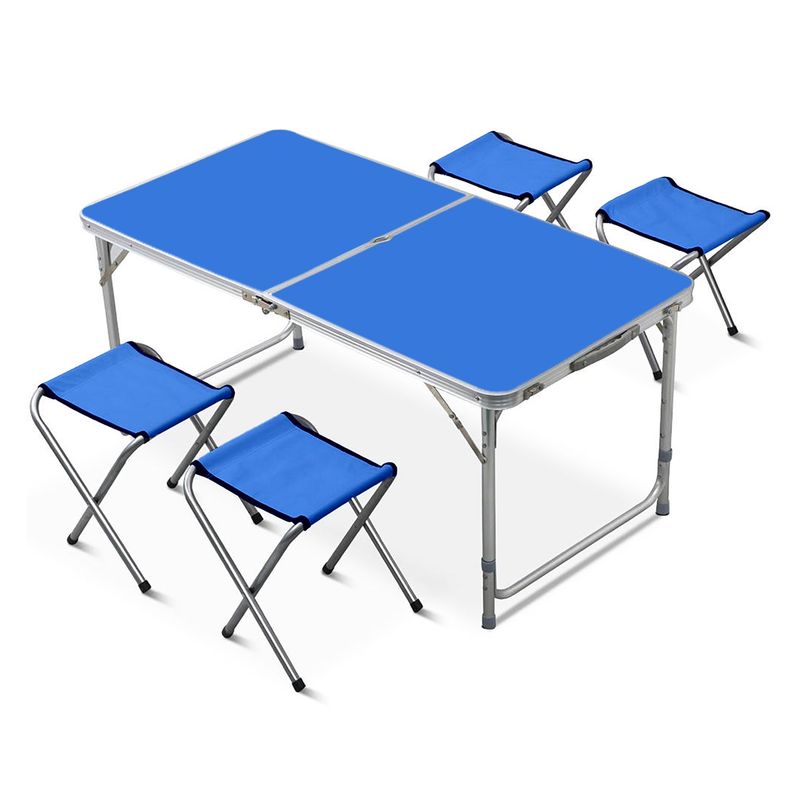GENERICO - Mesa Plegable Aluminio 120x60cm + 4 Bancas Azul