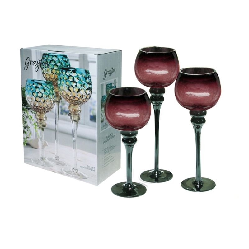 GENERICO - JUEGO 3 COPAS CANDELABRO ROJO VINO CRAQUELADO