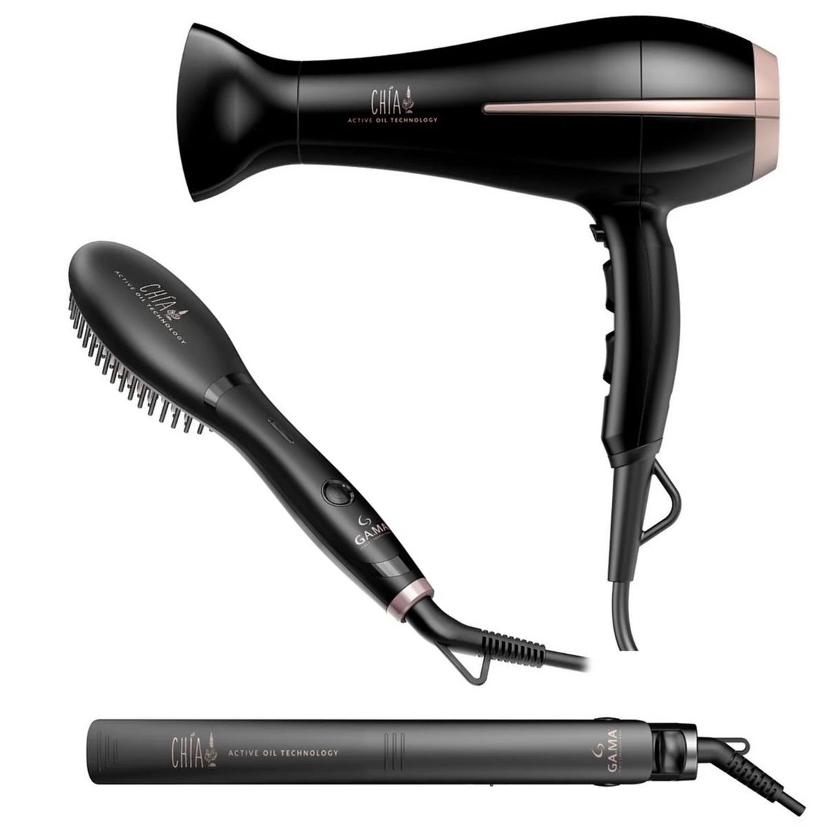 GAMA - Pack Triple Gama Secador de Pelo Alisadora y Cepillo Chía Active Oil