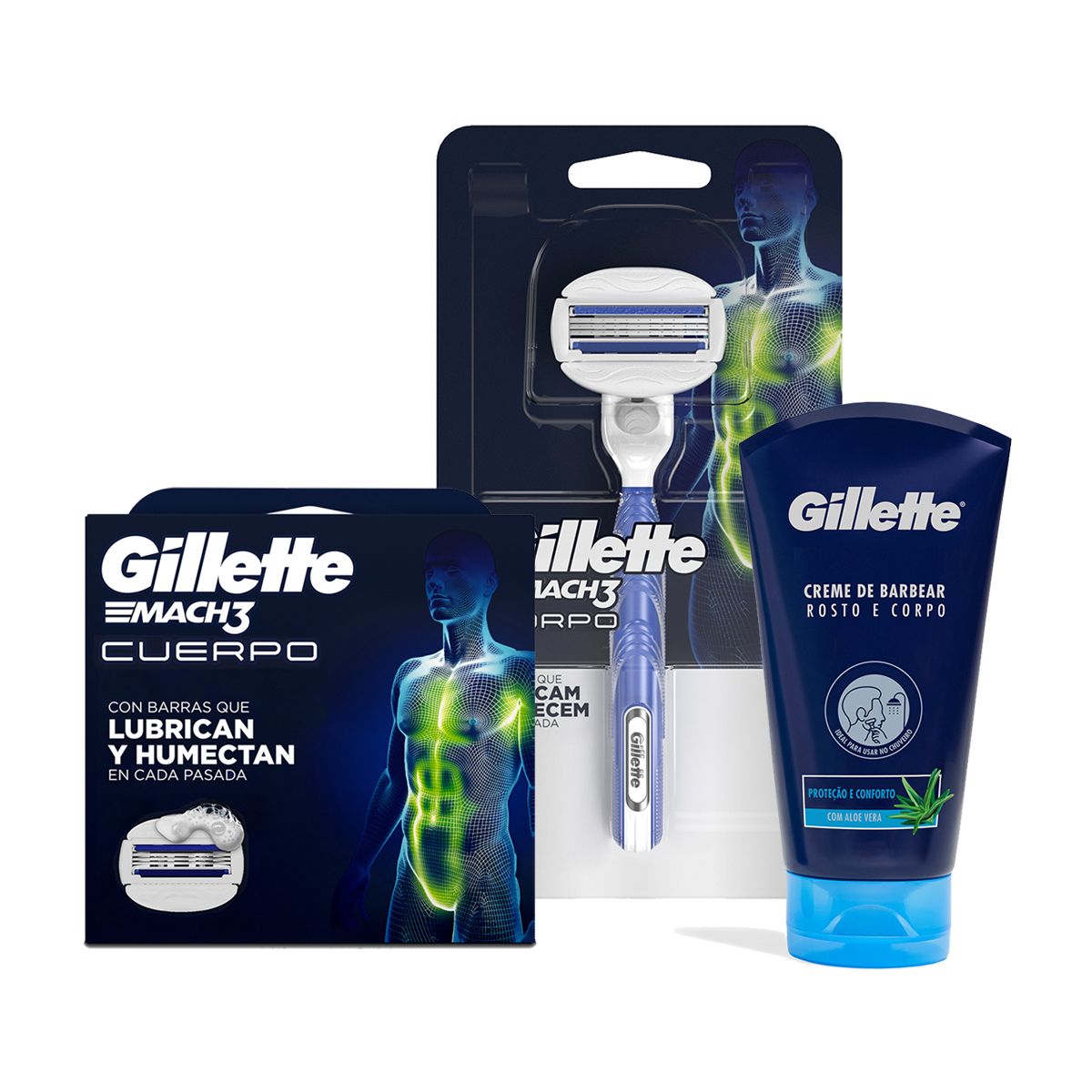 GILLETTE - Pack Afeitado Cuerpo Gillette Máquina Mach 3+Repuestos+Crema