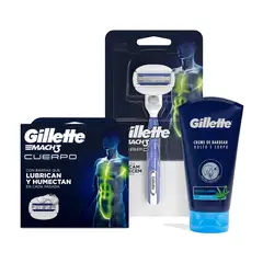 GILLETTE - Pack Afeitado Cuerpo Máquina Mach 3+Repuestos+Crema