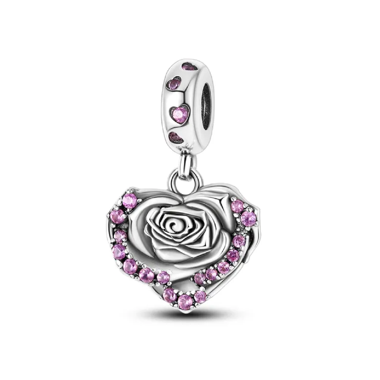 Charm Corazon de Rosa en Plata Fina 925 Plateado TALLA UNICA