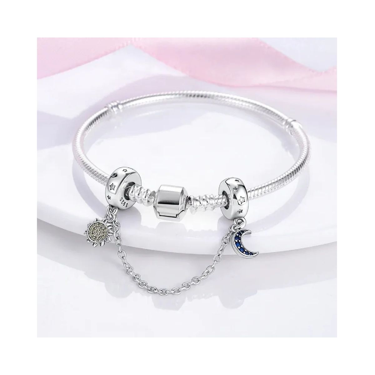 SILVER HEART - Charm Cadena de Seguridad Sol y Luna en Plata Fina 925 SILVER HEART