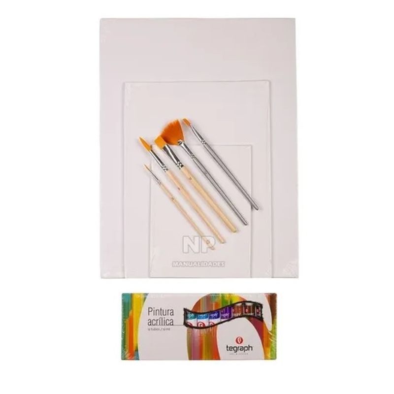 GENERICO - Set Acrílicos 12 Colores, 3 Cartones Entelados, 5 Pinceles
