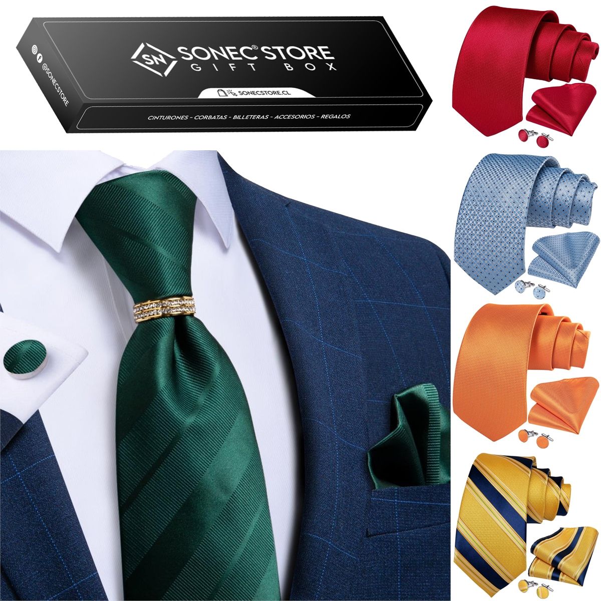 SONEC - Corbata Hombre Seda En Caja Anillo Dorado Paño Colleras Set Pack