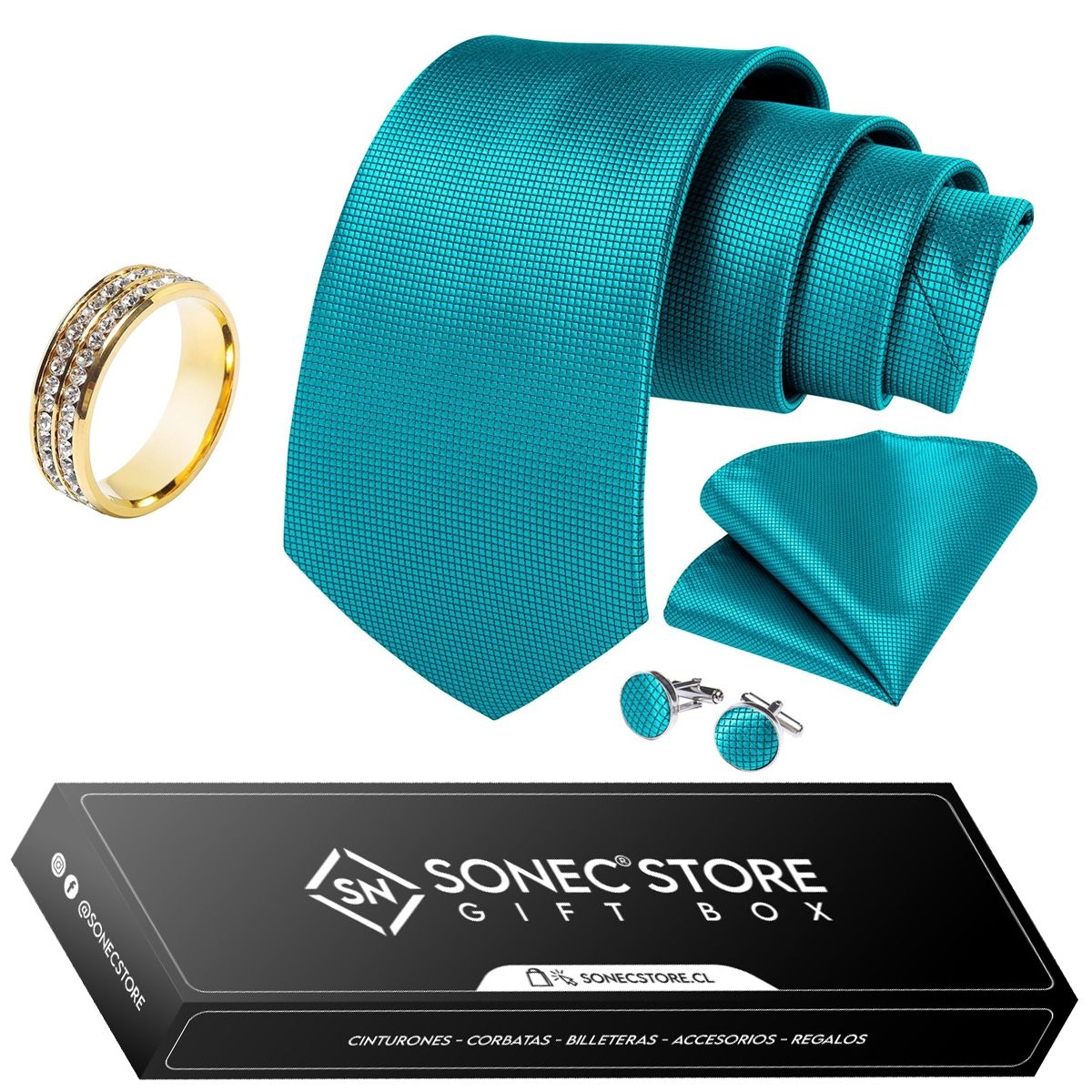 SONEC - Corbata Hombre Seda En Caja Anillo Dorado Paño Colleras Set Pack