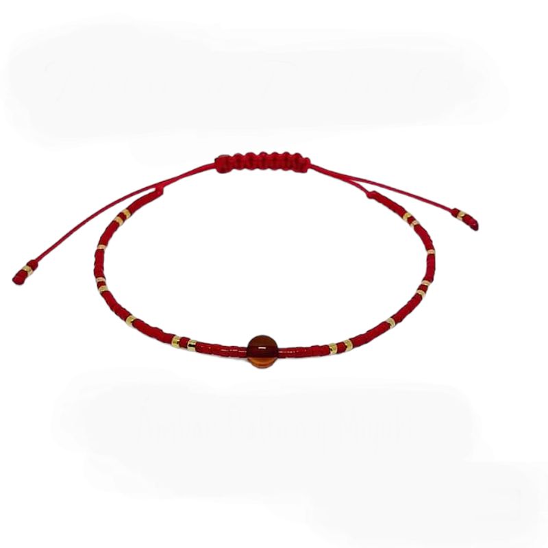 CORAZÓN DE ÁMBAR - Pulsera roja protección con ámbar báltico y delicas bañadas en oro
