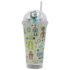 GENERICO - Vaso Beige Robot Verde Diseño Robot Glitter y Diamantes