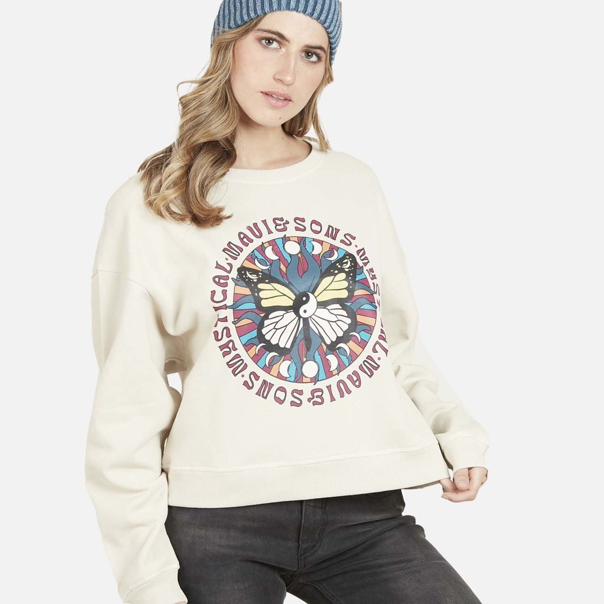 MAUI AND SONS - Poleron CREW BUTTERFLY Mujer Café Maui and Sons