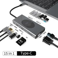 Hub Adaptador USB Tipo-C 15 en 1 Carga Inalámbrica HDMI 4K, VGA, RJ45, Lector SD/TF Puertos USB