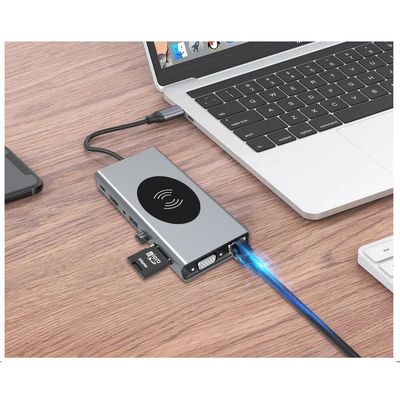 Imagen 2 del producto Hub Adaptador USB Tipo-C 15 en 1 Carga Inalámbrica HDMI 4K, VGA, RJ45, Lector SD/TF Puertos USB