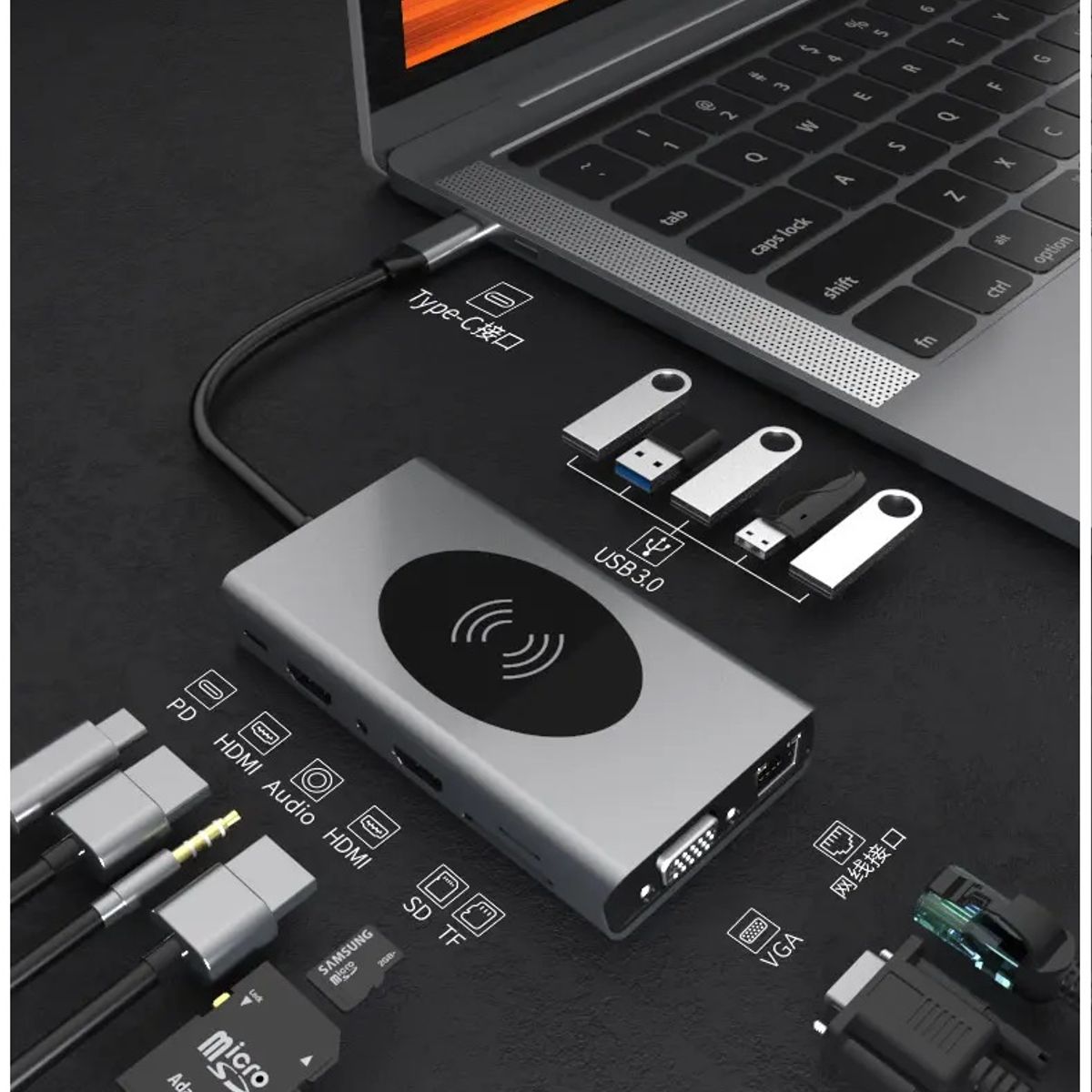STARTECHOFFICE - Hub USB Tipo-C 15 en 1 Carga Inalámbrica, HDMI 4K, VGA, Ethernet, Lector de Tarjetas Puertos USB