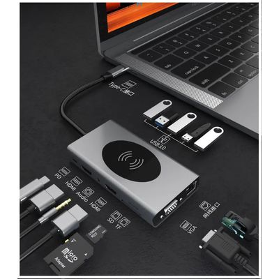 Imagen 2 del producto Hub USB Tipo-C 15 en 1 Carga Inalámbrica, HDMI 4K, VGA, Ethernet, Lector de Tarjetas Puertos USB