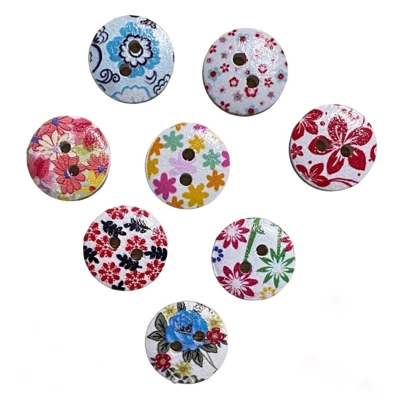GENERICO - Set botones Madera Redondo con Flores 20 unidades
