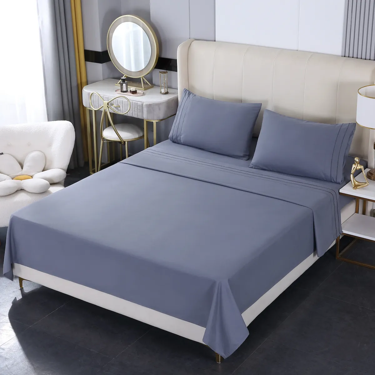 BJ HOGAR - Juego de Sábana 500 Hilos Algodón con Poliéster Sabana King Gris-