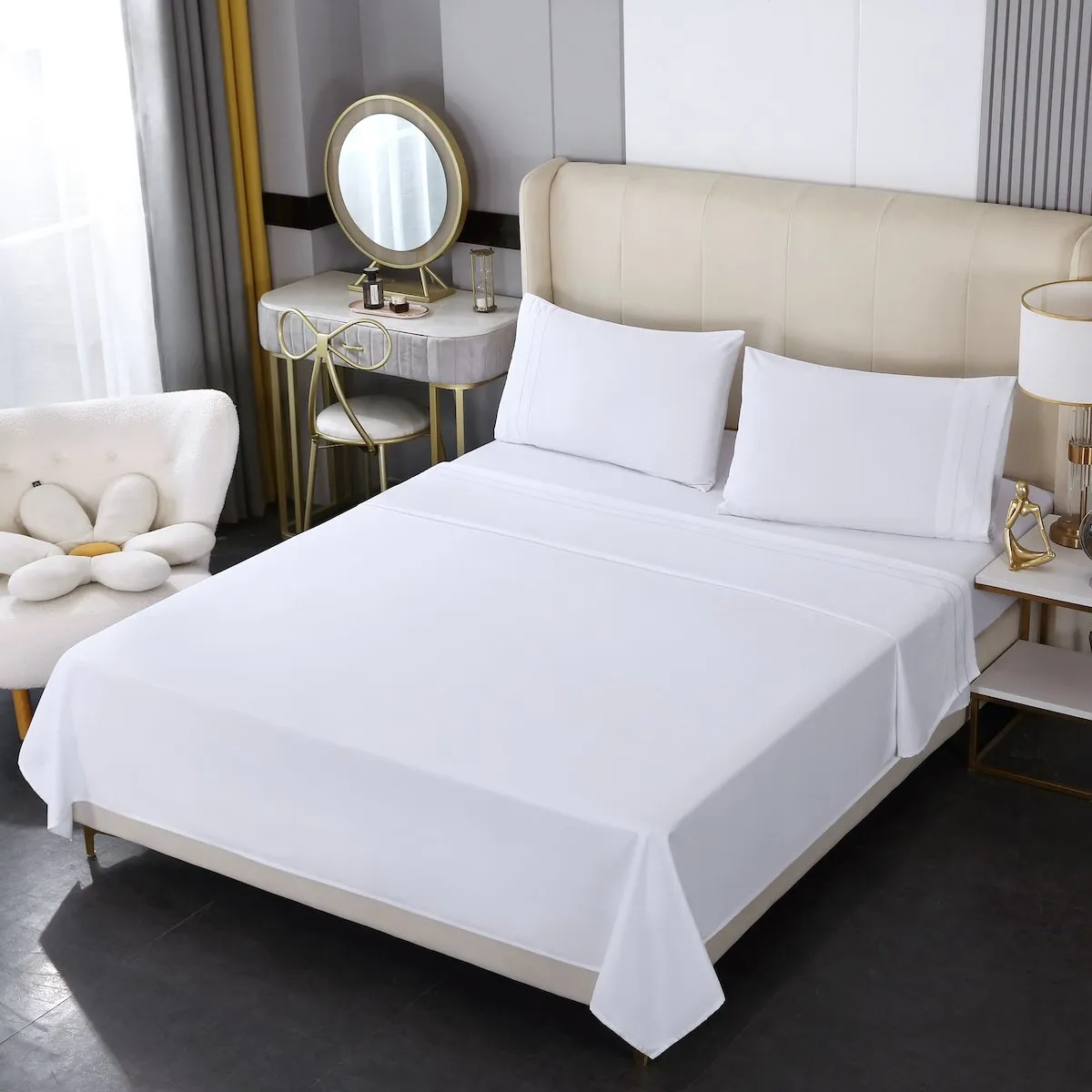 BJ HOGAR - Juego de Sábanas 2 Plazas Algodón 500 Hilos Blanco