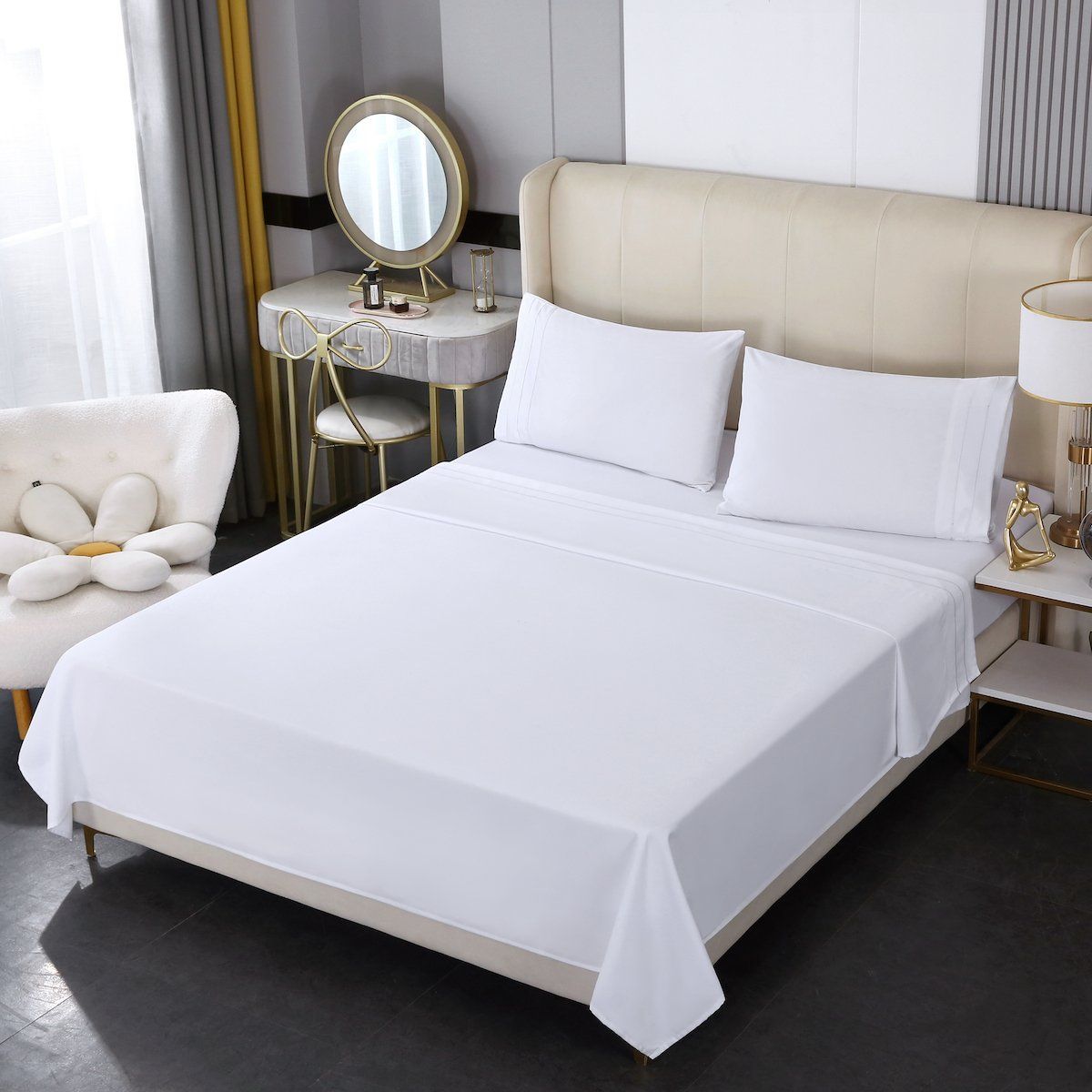 BJ HOGAR - Juego de Sábanas 2 Plazas Algodón 500 Hilos Blanco