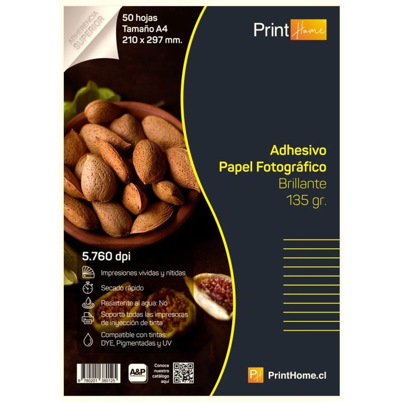 PRINT HOME - Papel fotografico brillante adhesivo 135 gr , A4 x 50 hojas