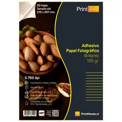 PRINT HOME - Papel fotografico brillante adhesivo 135 gr , A4 x 50 hojas