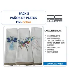 DCOBRE - PACK 3 PAÑOS DE LOZA EN COBRE MODELO LIBELULA