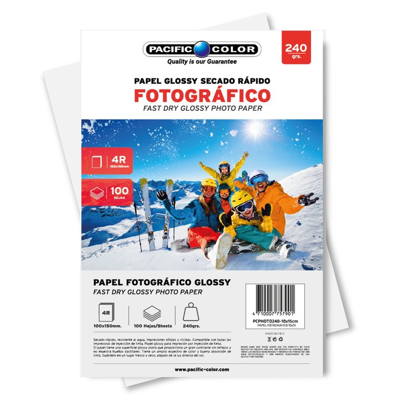 PACIFIC COLOR - 100 Hojas Papel Fotográfico Glossy 4R 10x15cm 240gr