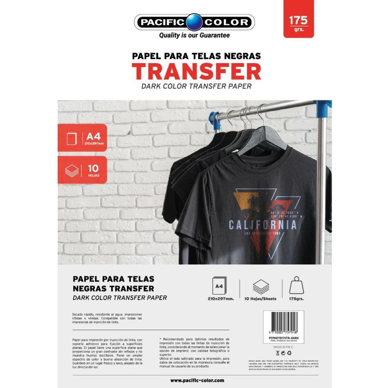 PACIFIC COLOR - Papel Transfer Premium Para Poleras Oscuras A4 10 Hojas
