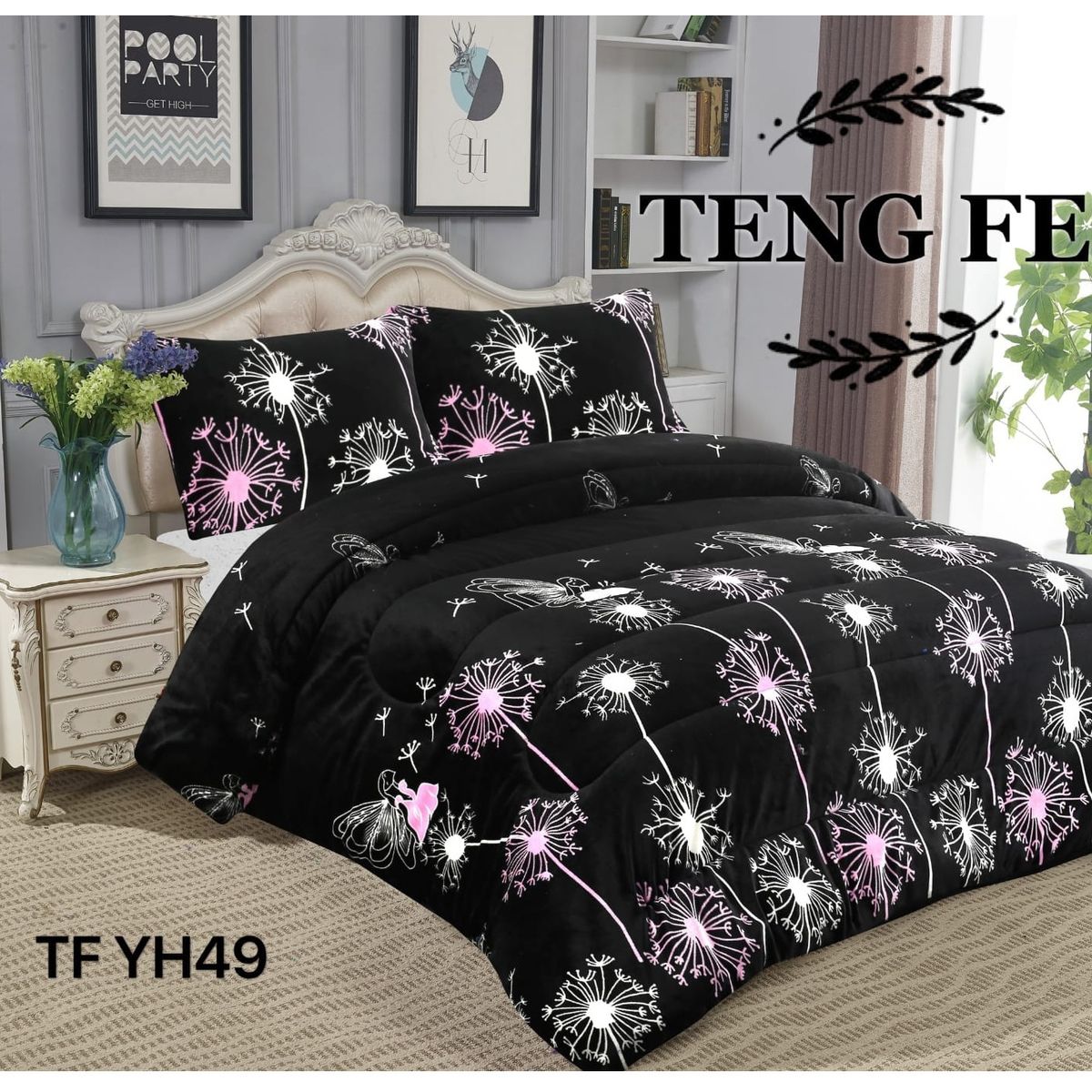 GENERICO - Cobertor de invierno Plush con Chiporro 2 plazas - Negro Flores