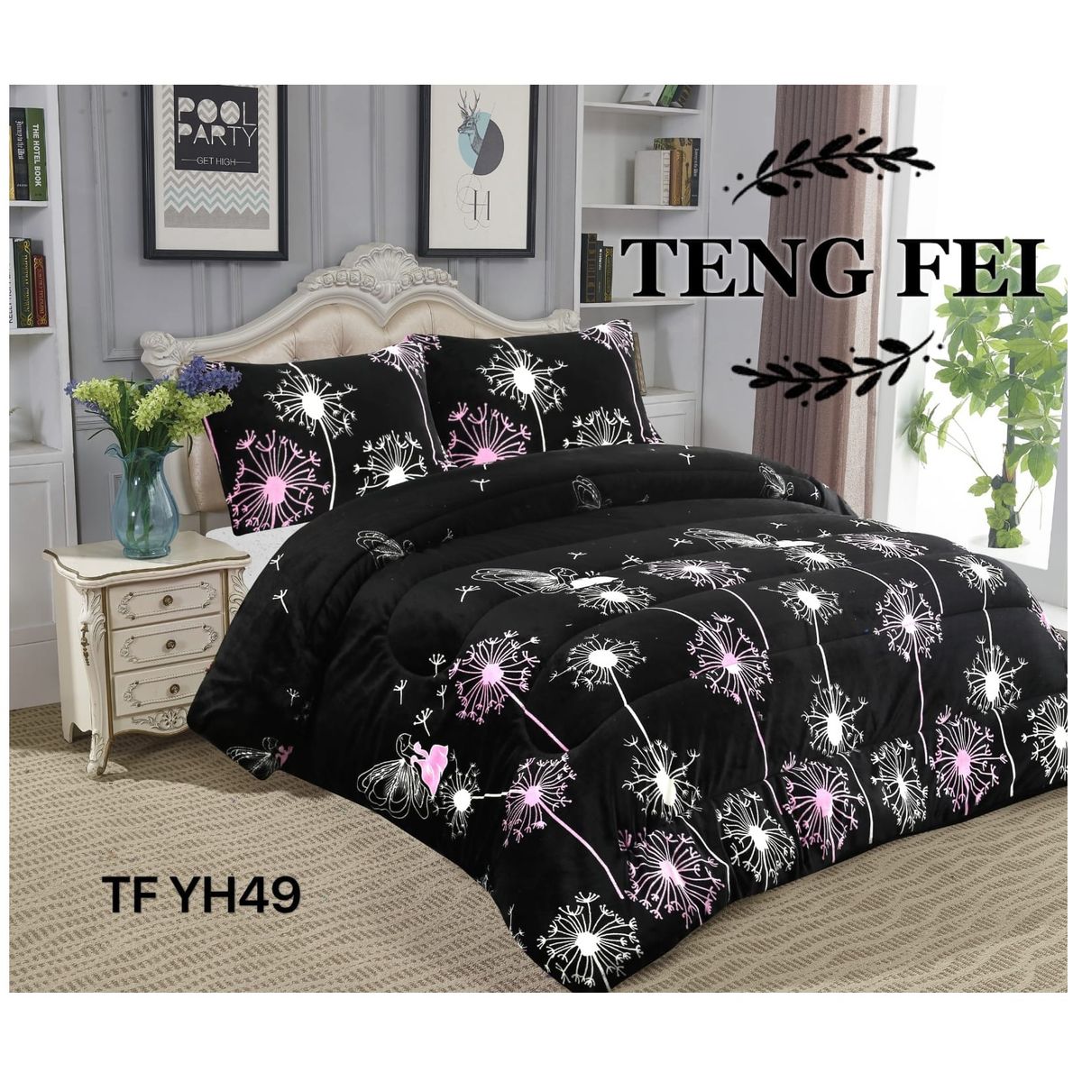 GENERICO - Cobertor de invierno Plush con Chiporro 2 plazas - Negro Flores