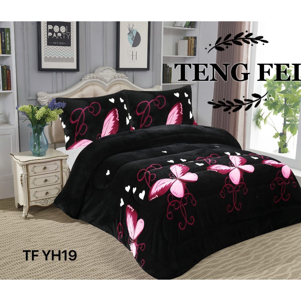 GENERICO - Cobertor de invierno Plush con Chiporro 2 plazas - Negro Mariposas