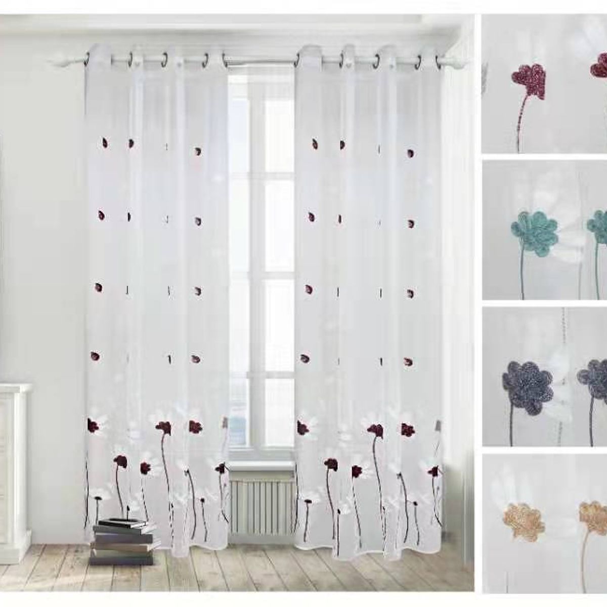 GENERICO - Set de Cortinas de tela Visillo tipo Velo con diseños bordados GRIS