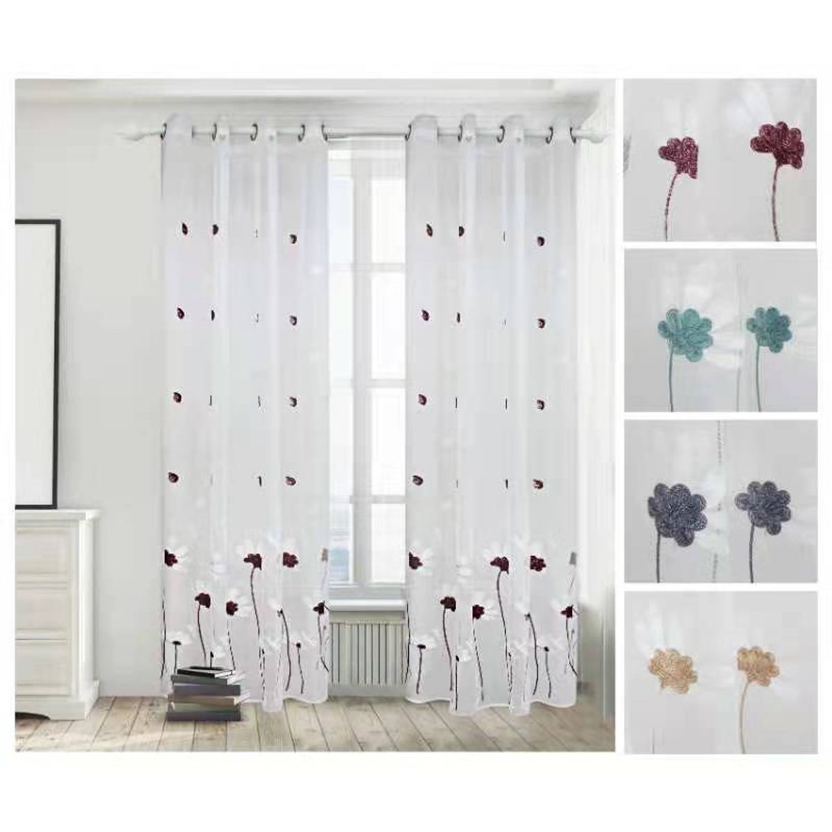GENERICO - Set de Cortinas de tela Visillo tipo Velo con diseños bordados GRIS