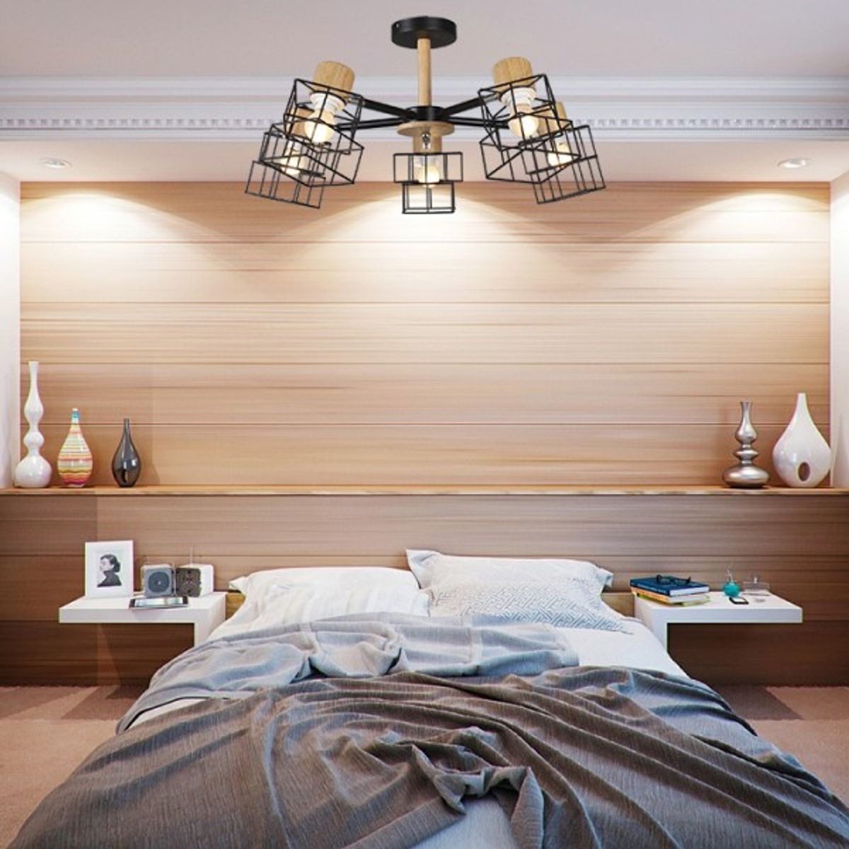 GENERICO - Lampara De Techo Madera Metal Negro Cromo 5 Luces Nordica