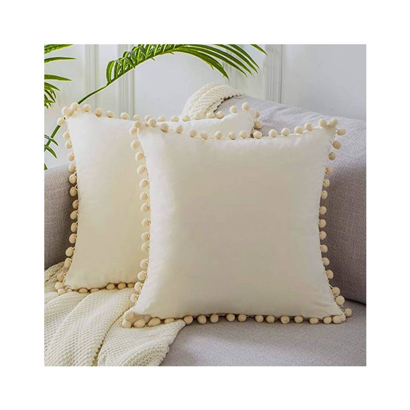 GENERICO - Pack 2 fundas terciopelo pompon 45x45 Color Blanco
