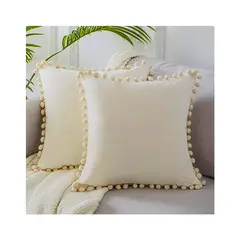 GENERICO - Pack 2 fundas terciopelo pompon 45x45 Color Blanco