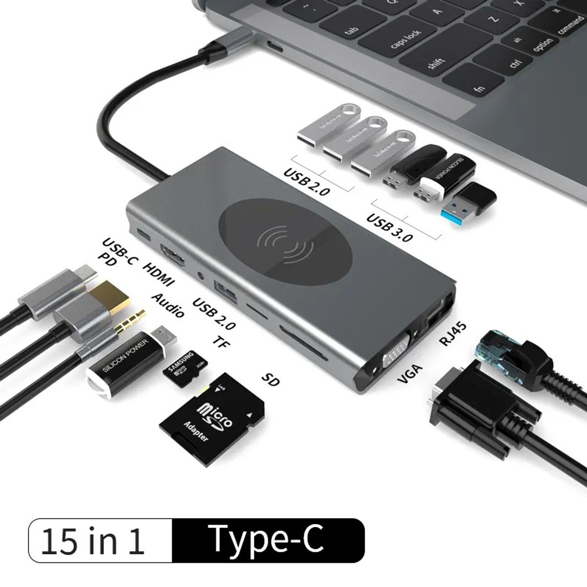 GENERICO - Hub Adaptador Usb TipoC 15 en 1 para MacBook y Windows Carga Magnética para Smartphone
