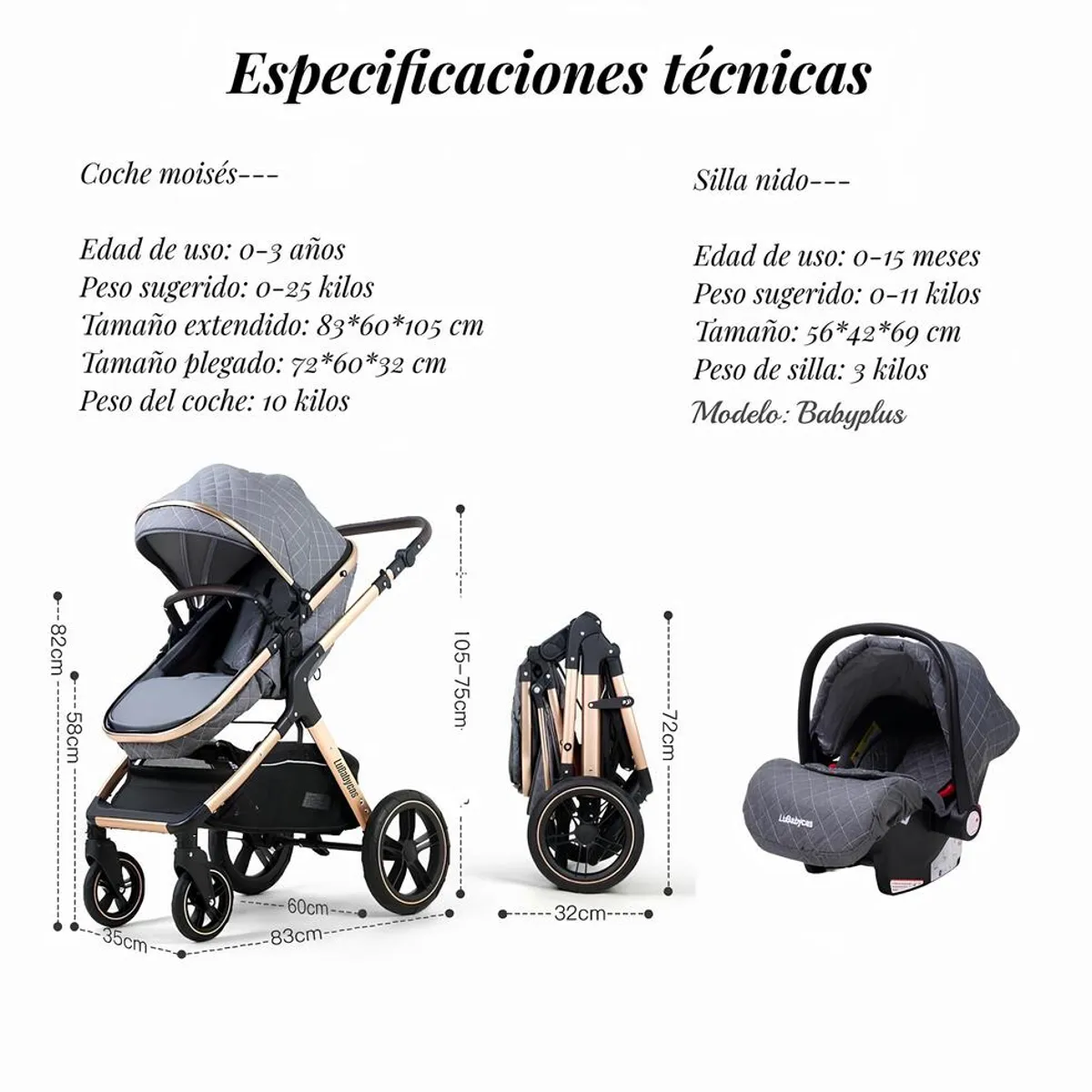 LUBABYCAS - Coche Travel System Con Accesorios LuBabycas X1 Negro