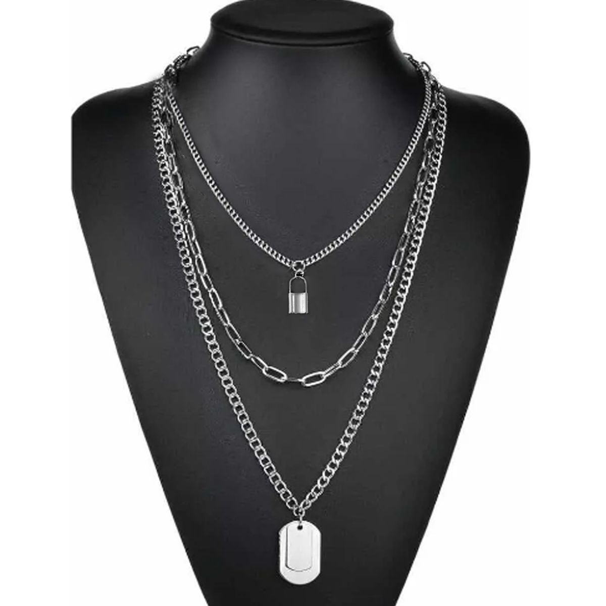 GENERICO - Cadenas 3 en 1 Collar Unisex Estilo Hip Hop Colgantes Placa Candado
