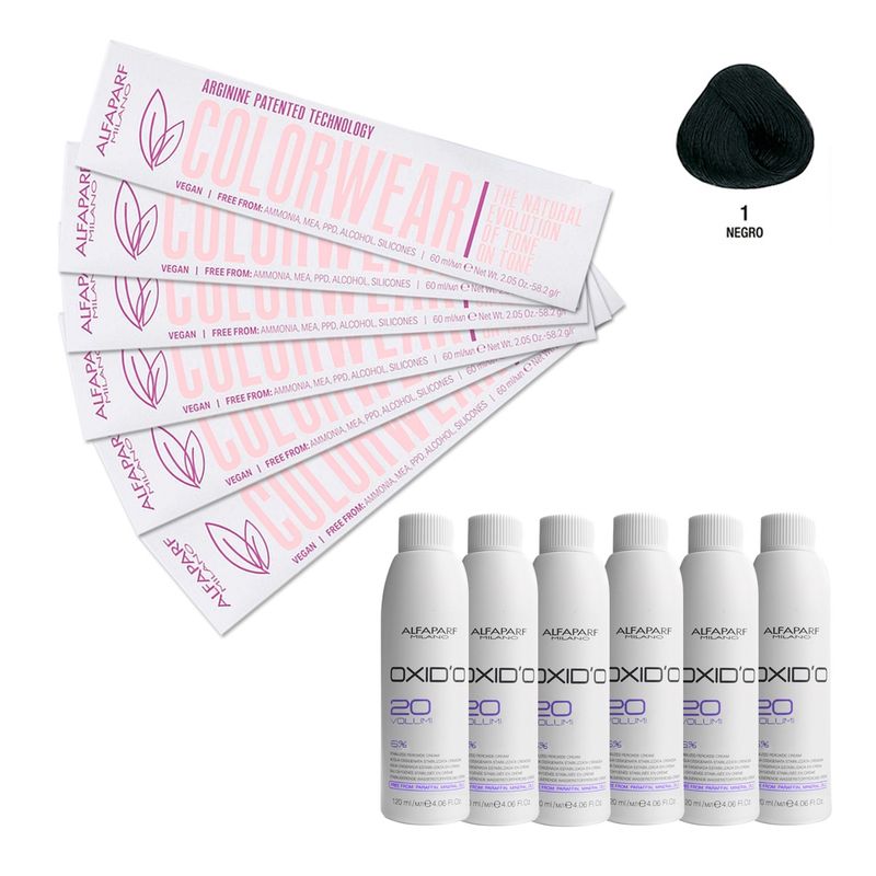ALFAPARF MILANO - Kit 6 Tintura Vegana Color Wear N°1 Alfaparf + 6 agua 20V