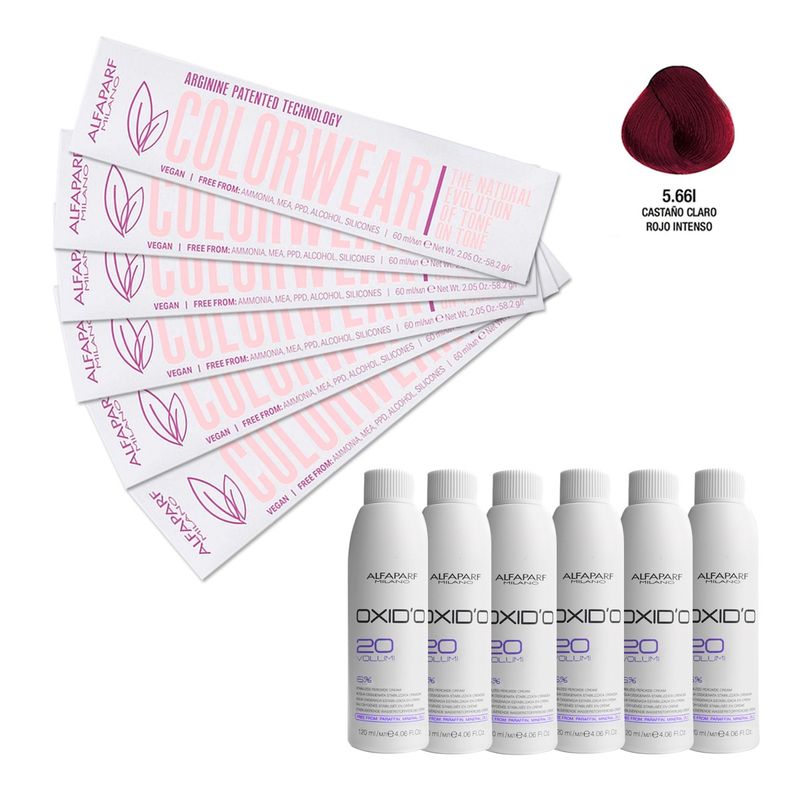 ALFAPARF MILANO - Kit 6 Tintura Vegana ColorWear N°5.66I Alfaparf + 6 agua 20V