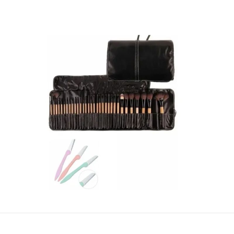 GENERICO - Set 32 Brochas Maquillaje Negro + Set 3 Perfilador De Cejas