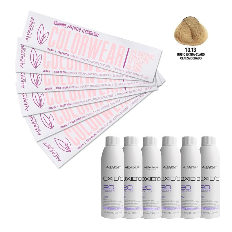 ALFAPARF MILANO - Kit 6 Tintura Vegana ColorWear N°10.13 Alfaparf + 6 agua 20V