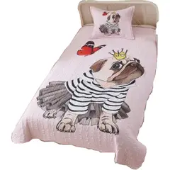 TODOHOGAR SANTIAGO DE CHILE - Cubrecama diseño estampado tl37 1.5 perro pug fondo rosado